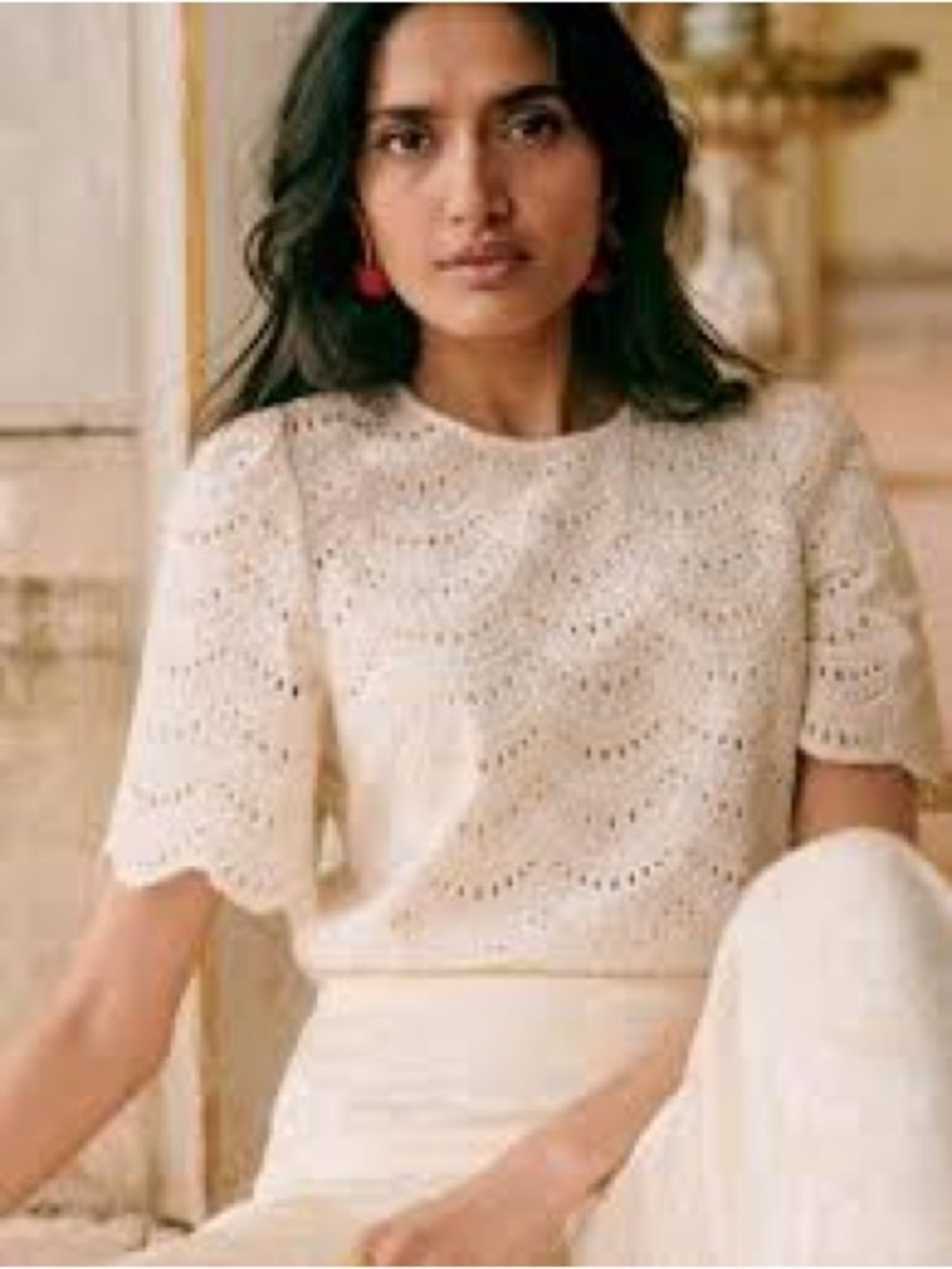Sezane Lisa Blouse in Ecru - Eyelet Short-Sleeve Top